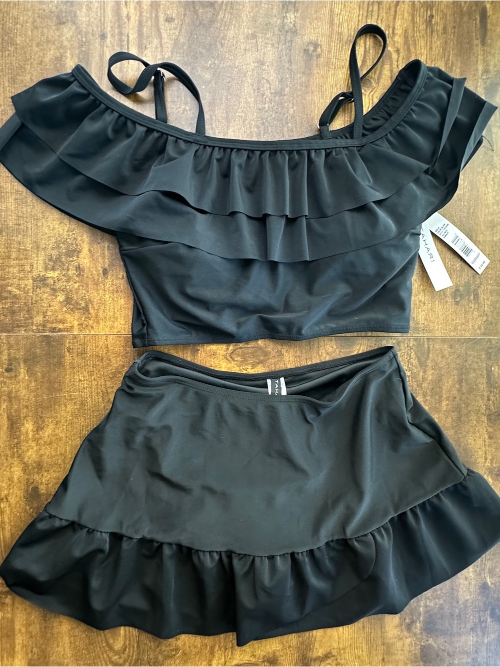 Tahari NWT Black Off the Shoulder Ruffle Swim Skirt Two Piece Swimsuit